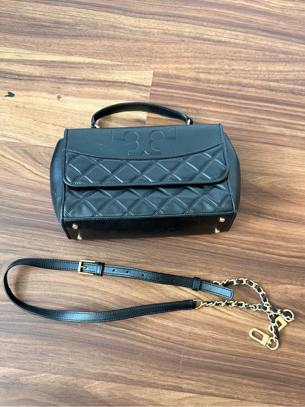 Tory Burch Black Fleming Quilted Leather Crossbody Satchel with Gold Hardware